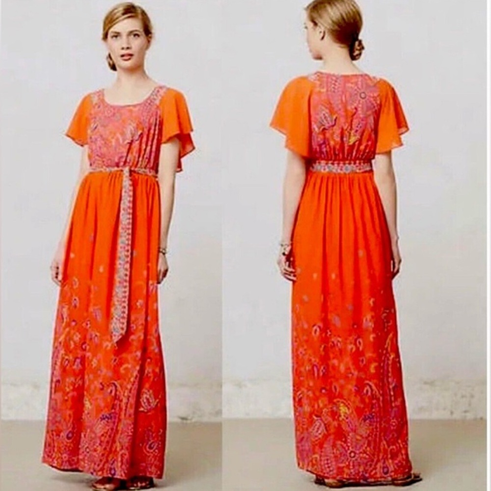 Maeve Anthropologie Boho Maxi Dress Orange Paisley Tie Waist Flowy Petite 00P